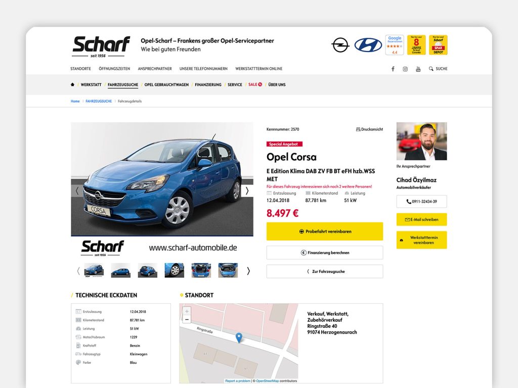 Screenshot der Website mit Fahrzeug Detailseite