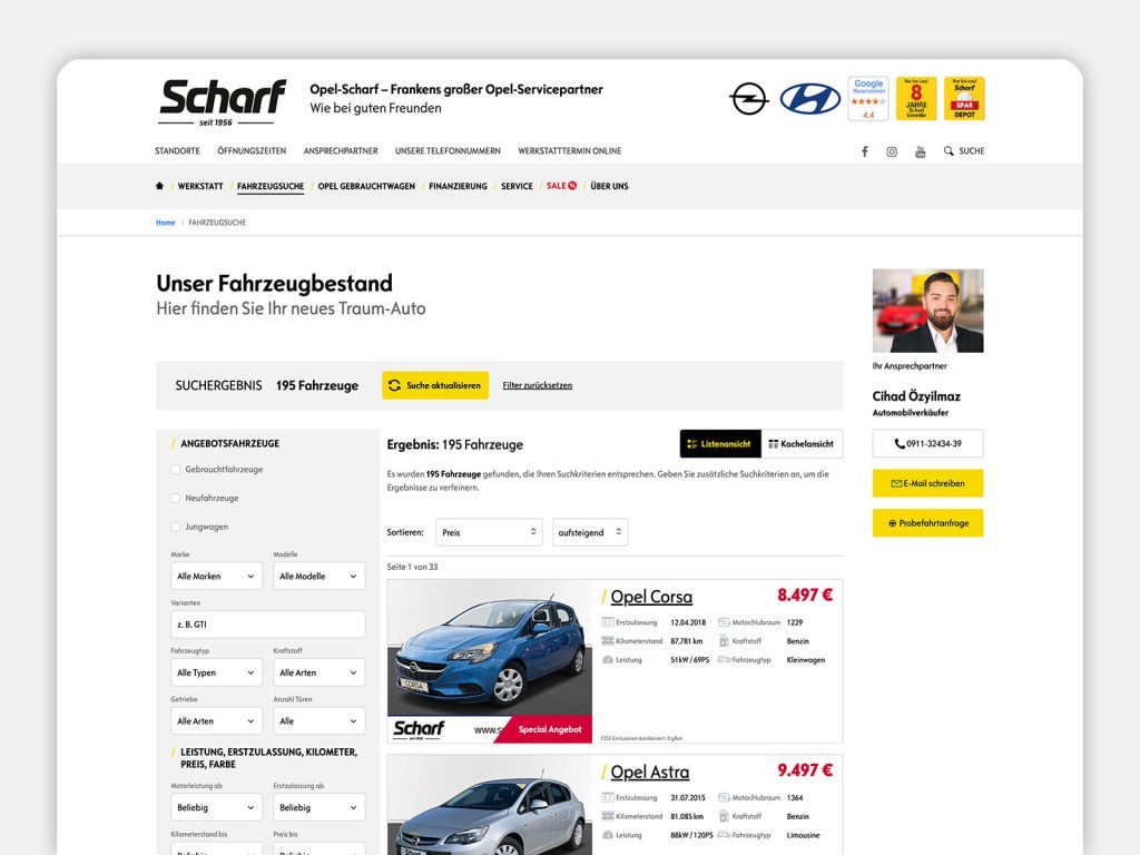 Screenshot der Website mit Fahrzeugsuche