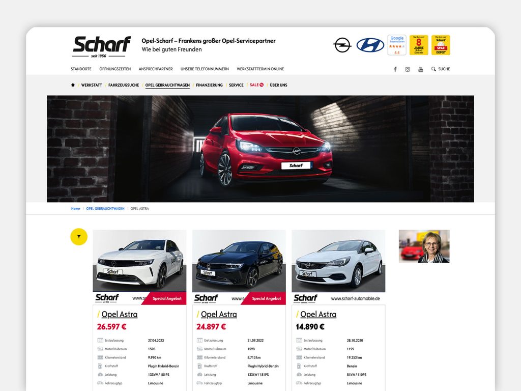 Screenshot der Website mit Unterseite Gebrauchtwagen Opel Astra