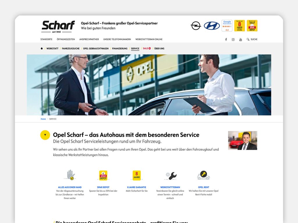 Screenshot der Website zum Thema Service